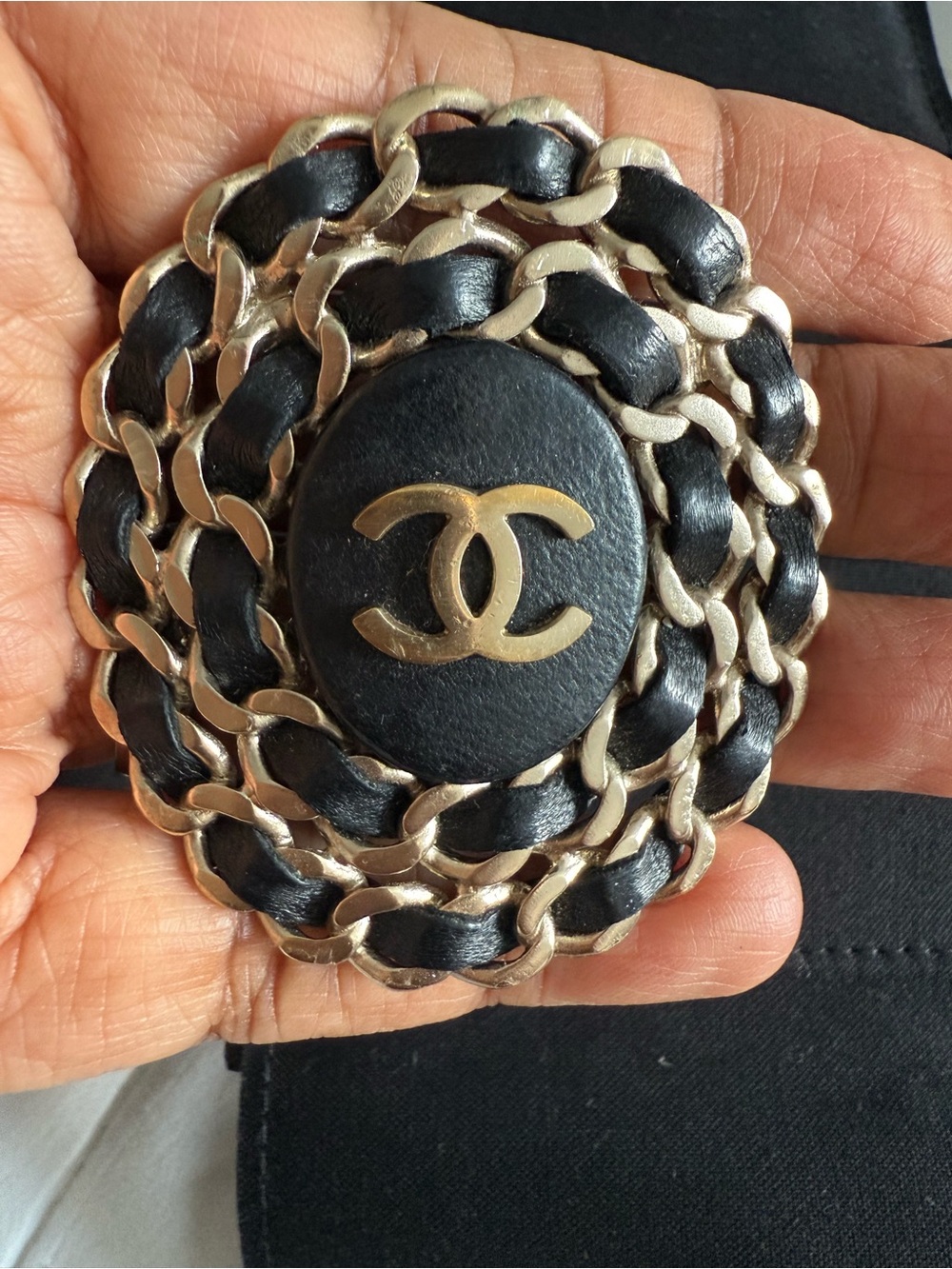CHANEL Black & Gold Interwoven Chain CC Brooch